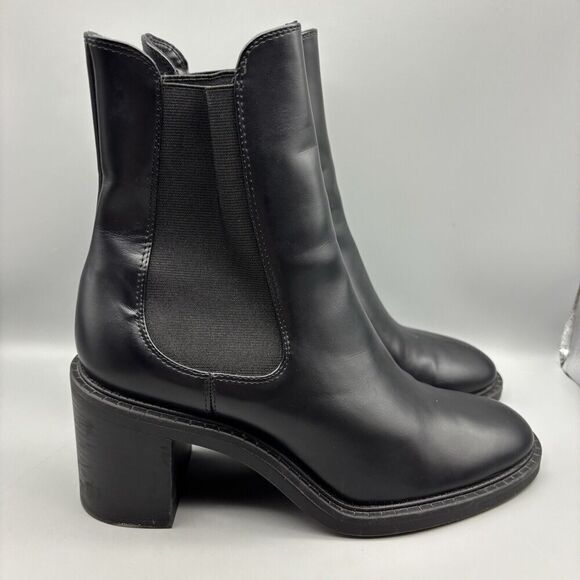 Zara Ankle Boots Women’s Size 40 US 9 Black Leather Pull On Block Heel - Picture 4 of 15